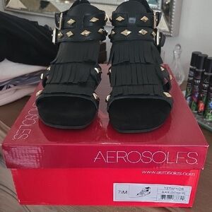 AEROSOLES Yetaphor Black Fringe Sandals with Gold Accents